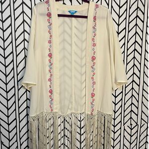 Nanette Lepore L'Amour Open Front Cardigan Women's Large Ivory White Fringe Boho